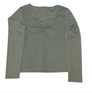 Womens Lace V Neck Army Green Ribbed Cinched Chest Long Sleeve Medium